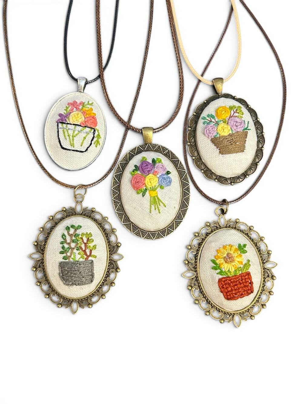 Handmade Embroidery Necklaces - Bundle of 5 Embroidered Botanical Floral Pendant
